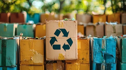 A close-up captures a weathered cardboard box, its iconic recycling symbol boldly displayed amidst a diverse array of discarded materials.