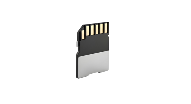 Secure Digital Micro SD card isolated showing gold contacts for digital memory storage technology