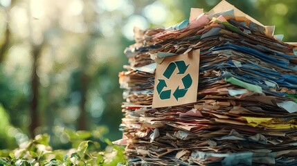 A verdant environmental tableau: a recycling symbol affixed to a dense paper stack. Emphasizing sustainability and conservation.