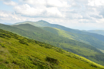 Vast emerald hills unfold across a mountain ridge, bathed in soft sunlight. A peaceful, expansive landscape ideal for nature, travel, and outdoor lifestyle projects, inspiring calm and adventure