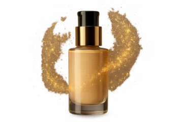 Golden shimmering foundation bottle with cosmetic glitter streak, beauty product creating glowing skin makeup base