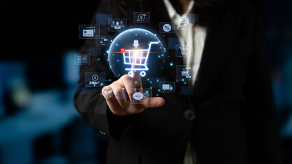 Concept of e-commerce and online shopping technology. A digital marketplace with a customer shopping cart, payment options, and worldwide delivery for a complete retail experience. Fermion