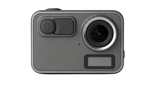 Dark gray action camera isolated on white background for technology and sports marketing