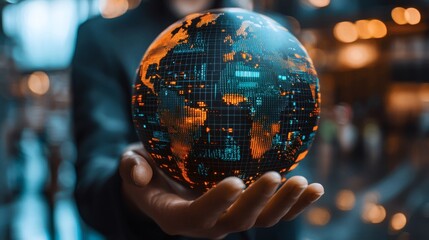 An individual cradles a digital, glowing globe, a symbol of interconnectedness and technological advancement, in a stylized representation of global networks.