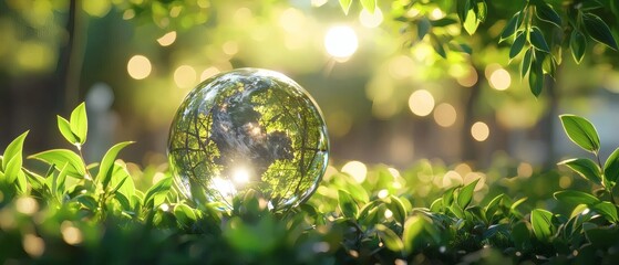 A glass sphere cradles the world, nestled amongst verdant leaves, embodies the concept of sustainability and conservation within the natural world.