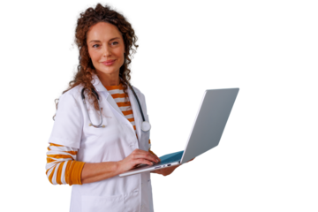 Woman doctor using laptop, smiling, providing modern healthcare and medical consultation, transparent background