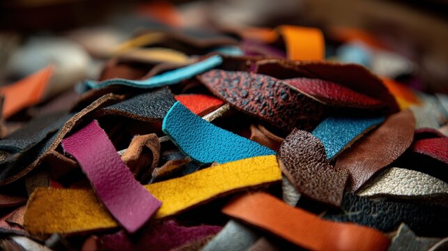 A vibrant collection of leather scraps in various colors and textures, showcasing the diversity and richness of material for crafting. - Powered by Adobe
