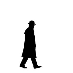 A silhouette of a person walking in a coat and hat against a white background in a side profile view