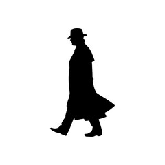 Silhouette of a man walking wearing a hat and trench coat against a white background in a studio shot
