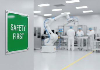 Green 'SAFETY FIRST' sign in focus against a blurred modern cleanroom with workers and robotic automation, highlighting workplace safety and advanced tech.