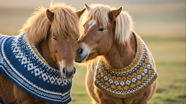  two cute icelandic long haired ponies wearing icelandic patterned sweaters standing close in a meadow  