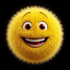 Extremely fluffy yellow emoji smiling broadly with visible teeth on a black background.