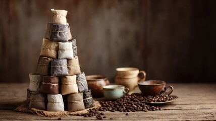 Rustic pyramid of coffee bean bags with ceramic cups on wooden table