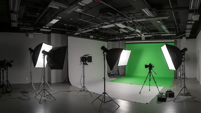 Professional film studio setup with green screen and lighting equipment perfect for video production