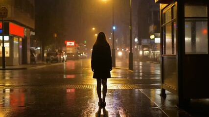 Silhouette of a person standing at a bus stop in the rain - Powered by Adobe
