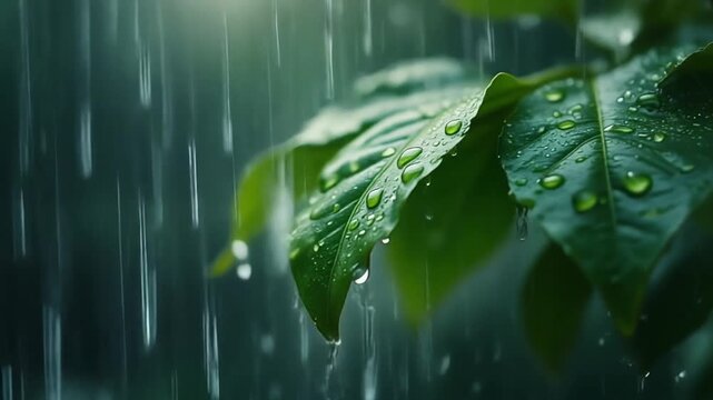 Close up of rain falling on leaves, macro cinematic perspective