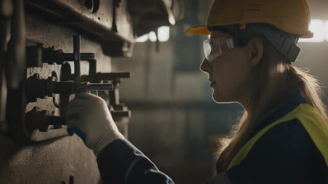 Cinematic close-up of an industrial worker tightening heavy machinery bolts