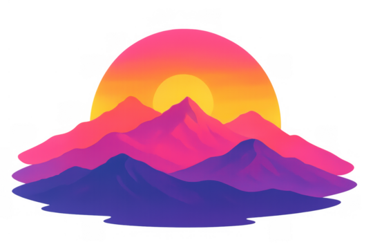 Synthwave landscape with setting sun behind mountains, vibrant gradient colors creating a retrowave aesthetic, transparent background