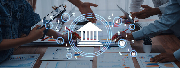 Engaging scene of a collaborative business meeting focusing on financial analysis, featuring diverse hands working with documents and digital tools in a modern office setup. Trope