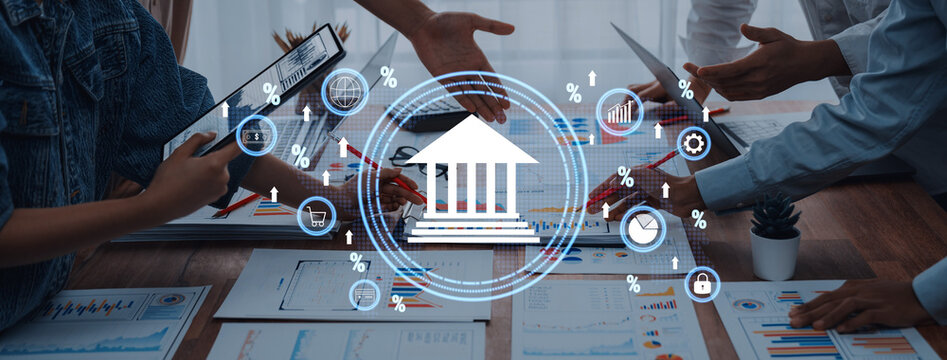 Engaging scene of a collaborative business meeting focusing on financial analysis, featuring diverse hands working with documents and digital tools in a modern office setup. Trope