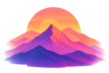 Abstract mountain landscape with vibrant purple and orange colors during sunset, digital art retrowave design