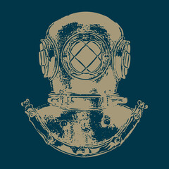 Vintage vector threshold illustration of an antique deep sea diving helmet in engraving style. Nautical and retro design suitable for logos, apparel prints, marine themes, and underwater exploration.