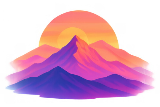Abstract mountain landscape with vibrant purple and orange colors during sunset, digital art retrowave design