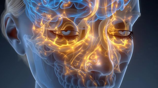 3D animation of human head with glowing brain and sinuses representing neurological activity and sinus health.
