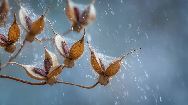 Closeup of moistureactivated seed pods releasing seeds as water triggers natural decomposition in an ecofriendly environment