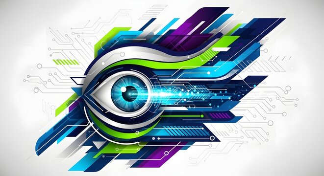 Futuristic eye with vibrant geometric technology elements for cutting edge designs and visionary concepts with a modern, digital feel in blue and green tones