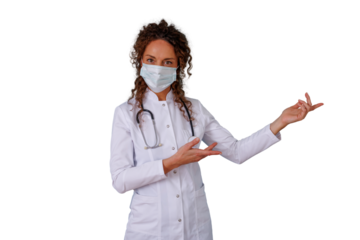 Female doctor with medical mask and stethoscope presenting information, pointing gesture, transparent background