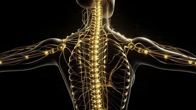 Human Nervous System and Brain Activity with Glowing Nerves and Spinal Cord on Black Background.