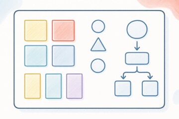 Abstract composition of colorful geometric shapes and flowcharts depicting modern organizational structure and creative workflow in a vibrant aesthetic design context