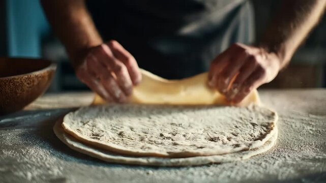 Medium shot of a spongy selfrising pizza base being stretched by hands emphasizing its soft and airy consistency perfect for a light chewy pizza crust.