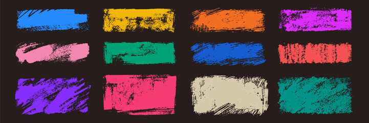Vector set of grunge colorful paint frames. Bold texture distressed rectangular brush strokes. Textured backgrounds for badges, labels, banners, posters.