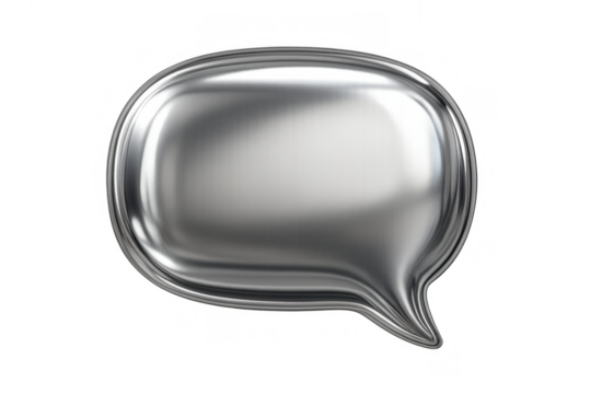 Empty silver chrome speech bubble icon with glossy metallic surface showing communication and chat concept on transparent background