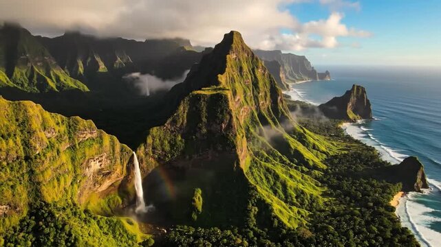 Breathtaking Aerial View of Lush Green Mountains and Coastline.