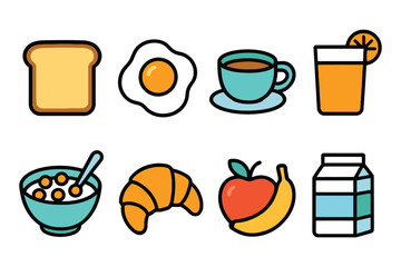 A vibrant assortment of breakfast items including toast, eggs, coffee, juice, cereal, croissant, fruit, and milk.