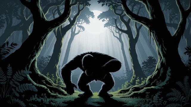 A captivating illustration portrays a mysterious bigfoot creature emerging from a dense, shadowy forest under the ethereal glow of a full moon, creating an atmosphere of intrigue and wonder