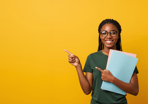 Happy Black student with glasses pointing at copy space on a solid yellow background for an educational advertisement.
