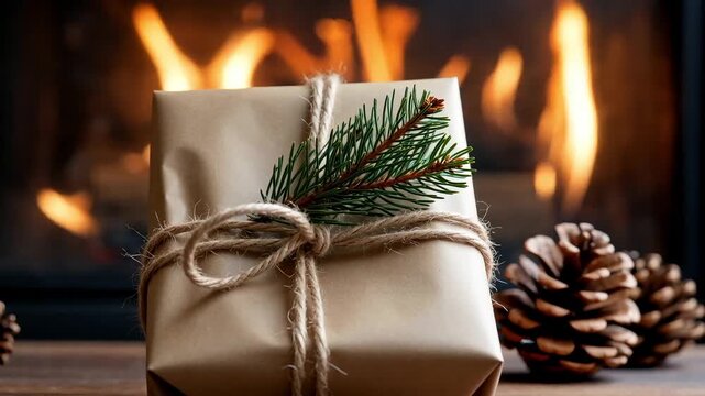 Christmas gift wrapped in simple brown kraft paper tied with twine and a spruce branch, surrounded by pine cones with a cozy fire burning in the background