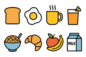 A colorful, hand-drawn illustration featuring a variety of popular breakfast items like toast, eggs, coffee, juice, cereal, croissant, fruit, and milk.