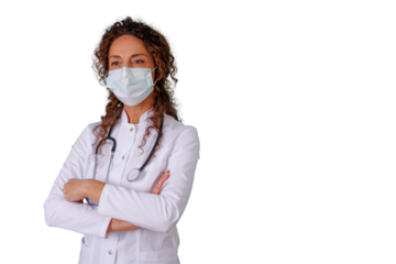 Woman doctor wearing medical mask and lab coat, representing essential workers and health protection during uncertain times