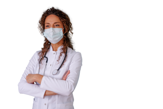 Woman doctor wearing medical mask and lab coat, representing essential workers and health protection during uncertain times