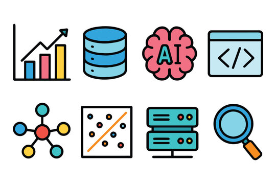 A set of colorful, flat design icons illustrating concepts like data analysis, AI, databases, coding, and research.