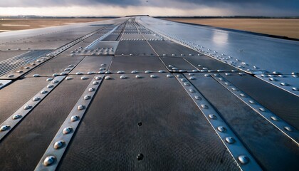 a close up of a riveted aluminum airplane wing showcasing sleek and aerodynamic aerospace engineering