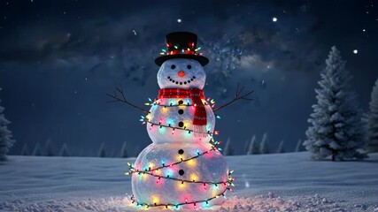 Snowman covered with colorful glowing Christmas lights under a starry sky with falling snowflakes - Powered by Adobe