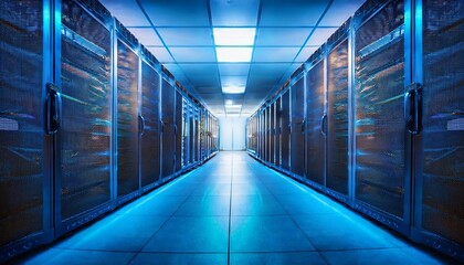 data center server room with rows of rack mounted servers blue toned lighting endless rows of data storage for cloud computing