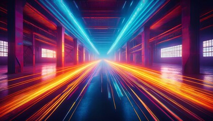abstract light trails in industrial warehouse interior with glowing shapes neon lights and sparks in an abandoned building