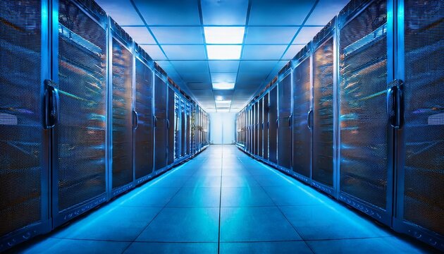 data center server room with rows of rack mounted servers blue toned lighting endless rows of data storage for cloud computing